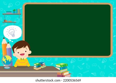 Back to school kids,education concept with cute student boy and chalkboard pile of books