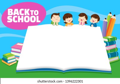Back to school kids,education concept template with kids Can be used for web banner, backdrop, ad, promotion.chalkboard and books background with back to school kids education concept.