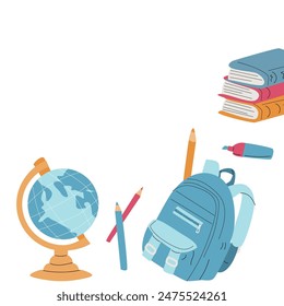 Back to school, kindergarten banner or frame. Children school elements, pencils background with copy space. Children supplies, cute design. Can used for poster, sale banner.