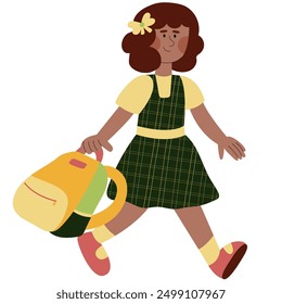 Back to School of kindergarten, a dark skin girls, child with backpack. Vector illustration in flat style