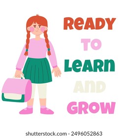 Back to School of kindergarten, girls, child with backpack. Ready to learn and grow. Vector illustration in flat style