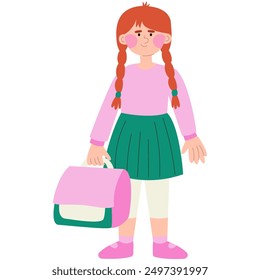 Back to School of kindergarten, girls, child with backpack. Vector illustration in flat style