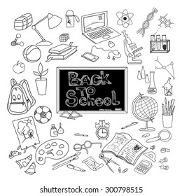 Back to school kit supplies and basic accessories for young scholar poster black doodle abstract vector illustration