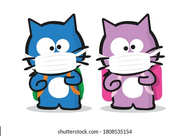 Back to school kitten characters with medical mask and backpack. Vector illustration on white background