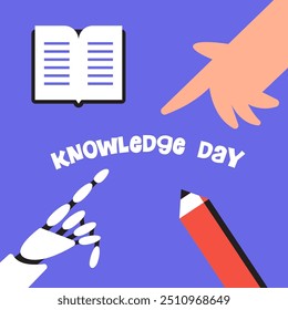 Back to school Knowledge day with Ai Robot. Posters for education, learning, reading book, school, bookstore. International education day, world book day, teachers day. Flat Vector illustration.