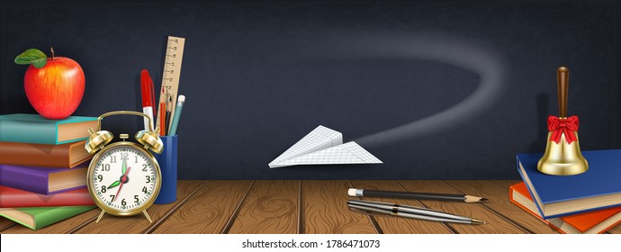 Back to school. Knowledge Day horizontal banner. School supplies books, colored pencils, pens, alarm clock, apple, globe, flying paper plane. Empty space for text. 3D realistic illustration. Vector.