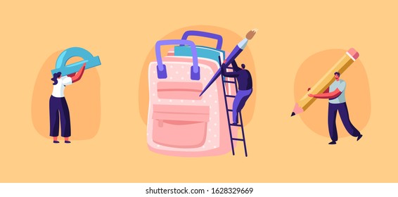 Back to School, Knowledge and Education Concept, Students Male and Female Characters Put Accessories into Huge Backpack. People Holding Pencil, Paintbrush and Ruler. Cartoon Flat Vector Illustration