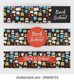 Back to School Knowledge and Education Template Banners Set. Modern Flat Style Design Vector Illustration of Brand Identity for Science University College Promotion. Colorful Pattern for Advertising