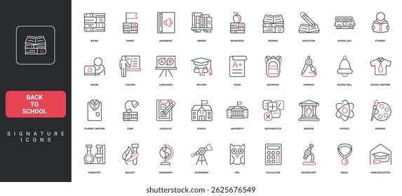 Back to school, knowledge of library books, study and exam, online education line icon set. Student and teacher in class, diploma of graduate, languages thin black and red symbols vector illustration