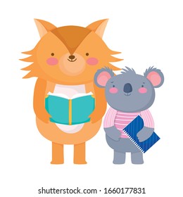 back to school, koala reading book koala with notepad cartoon vector illustration