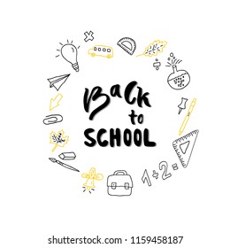 Back to school label. School Background. Back to school sale tag. Vector illustration. Hand drawn lettering. Typography emblem.
