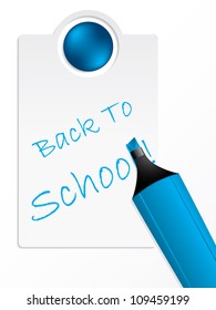 Back to school label with blue text and marker