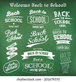 Back to School label design templates. Retro Typography on green chalkboard background.