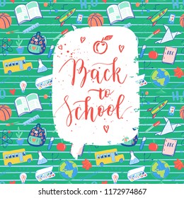 Back to school label, greeting card. Vector quote Back to school with hearts, apple.