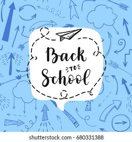 Back to school label, greeting card. Vector quote with arrow background, airplane.
