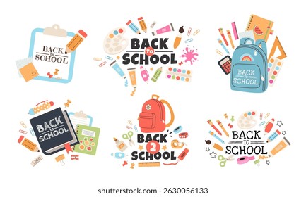 Back to school label set with typography and school supplies elements. Vector design template for background, poster, card, sale tag.