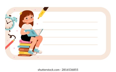 Back to school label template with a cute girl reading books and school supplies. Vector illustration in a flat cartoon style for name tags, classroom materials, notebooks.