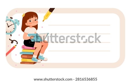 Back to school label template with a cute girl reading books and school supplies. Vector illustration in a flat cartoon style for name tags, classroom materials, notebooks.