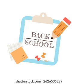 Back to school label with typography and school supplies elements. Vector design template for background, banner, poster, card, sale tag.