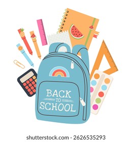 Back to school label with typography and school supplies elements. Vector design template for background, banner, poster, card, sale tag.