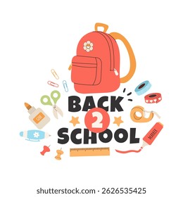 Back to school label with typography and school supplies elements. Vector design template for background, banner, poster, card, sale tag.
