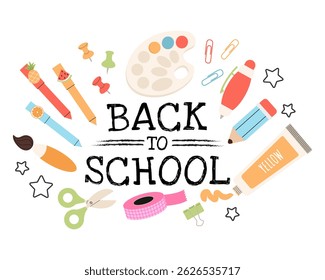 Back to school label with typography and school supplies elements. Vector design template for background, banner, poster, card, sale tag.