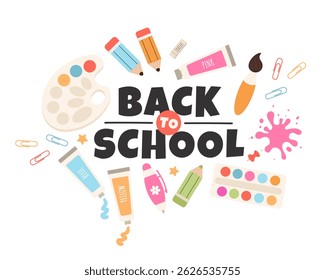 Back to school label with typography and school supplies elements. Vector design template for background, banner, poster, card, sale tag.
