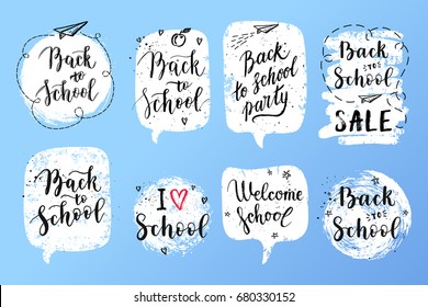 Back to school labels, greeting cards set. Vector quote I love school, Back to school sale with hearts, stars, airplane.