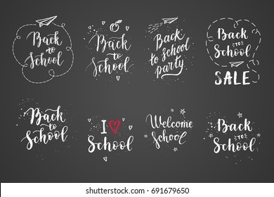 Back to school labels, greeting cards set. Vector quote I love school, Back to school sale with hearts, stars, airplane.