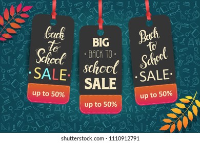 Back to school labels set. Poster with hand drawn symbols, autumn leaves and hand made lettering. Sketch.  up to 50%. Can be used for flyer, brochure. Advertising