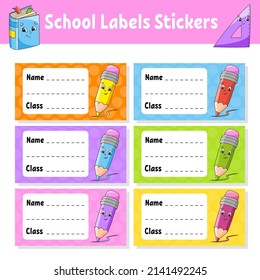 Back to school labels. Set stickers for notebook. Name and class. Bright stickers. Rectangular label. Color vector isolated illustration. Cartoon characters.