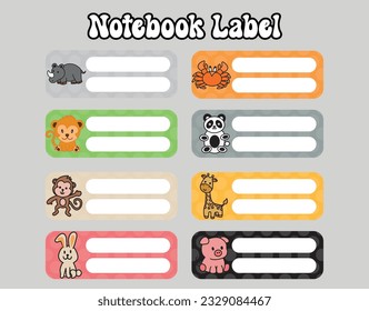 Back to school labels. Set stickers for notebook. Name and class. Bright stickers. Rectangular label. Color vector isolated illustration.