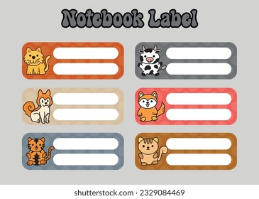 Back to school labels. Set stickers for notebook. Name and class. Bright stickers. Rectangular label. Color vector isolated illustration.