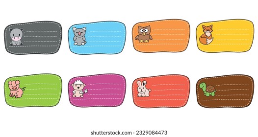 Back to school labels. Set stickers for notebook. Name and class. Bright stickers. Rectangular label. Color vector isolated illustration.