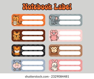 Back to school labels. Set stickers for notebook. Name and class. Bright stickers. Rectangular label. Color vector isolated illustration.