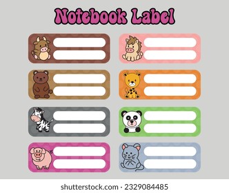 Back to school labels. Set stickers for notebook. Name and class. Bright stickers. Rectangular label. Color vector isolated illustration.