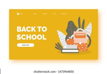 Back to school landing page background, banner for presentation, web site, internet store, shop. Poster with text space, school supplies including backpack, book, apple, plants