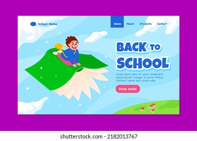 Back to school landing page design template with a boy sits on a flying book in the air