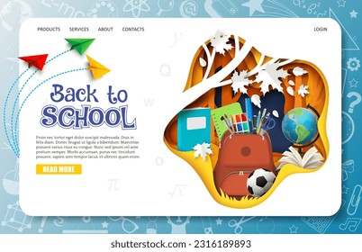 Back to school landing page design template for online education service, e-learning class and training courses for children. Website with studying supplies in papercut craft style