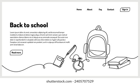 Back to school landing page minimalism. One continuous line drawing. Vector illustration student bag with study tools. Education concept banner.