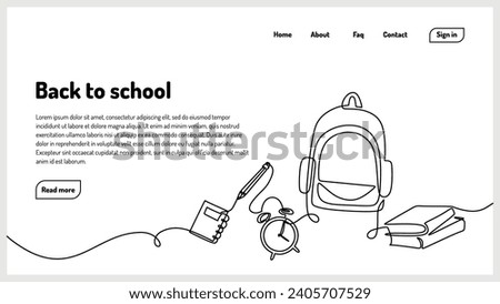 Back to school landing page minimalism. One continuous line drawing. Vector illustration student bag with study tools. Education concept banner.