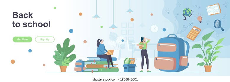 Back to school landing page with people characters. Elementary and high schools education web banner. School lessons vector illustration. Flat concept great for social media promotional materials.