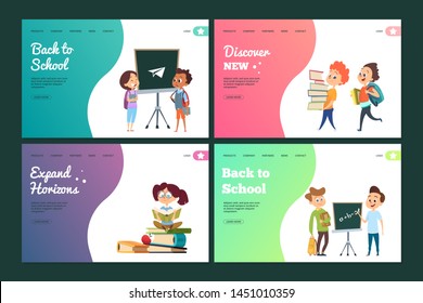 Back to school landing page set. Vector web banners template with cartoon students. Education study, layout page learning illustration