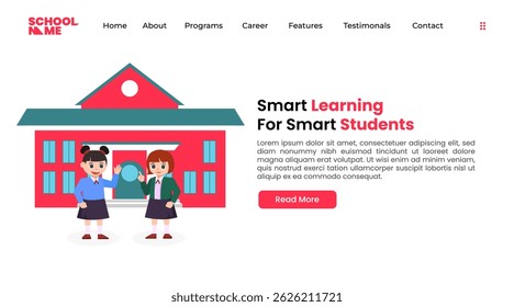 Voltar para a página inicial da escola. Modelo de banners web vetor com estudantes de ilustração plana.