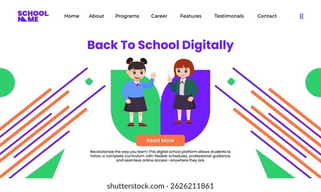 Voltar para a página inicial da escola. Modelo de banners web vetor com estudantes de ilustração plana.