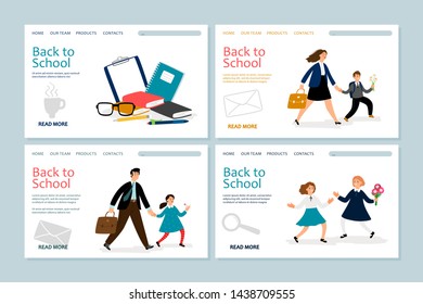 Back to school landing page template. Vector banners with school kids, parents, stationery. Back school, father or mother follow child to education illustration