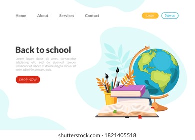 Back to School Landing Page Template Set, Educational School Supplies Homepage, Website Cartoon Vector Illustration