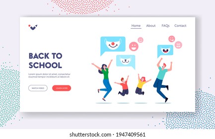Back to School Landing Page Template. Happy Family Characters Adult Parents and Children Wearing Funny Kids Masks with Animal Muzzles for Protection of Coronavirus. Cartoon People Vector Illustration