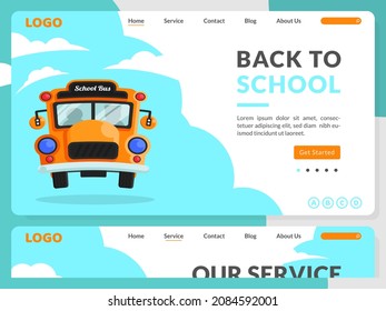 Back to school, landing page template with modern flat design. Conceptual flat vector School Bus illustration perfect for banner, web page, and website.