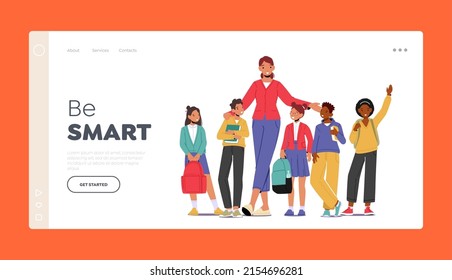 Back To School Landing Page Template. Young Smiling Woman Teacher And Group Of Kids Stand In Row. Elementary School Class, Preschool Studying. Happy Smiley Children. Cartoon Vector Illustration